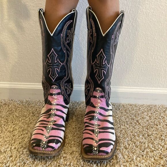 Nocona Women’s Square Toe Stingray Leather Western Pink Zebra Print Cowboy Boots - Picture 1 of 8